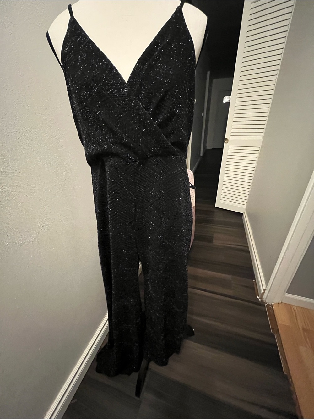 Black Sparkle Wide-Leg Jumpsuit with V-Neck